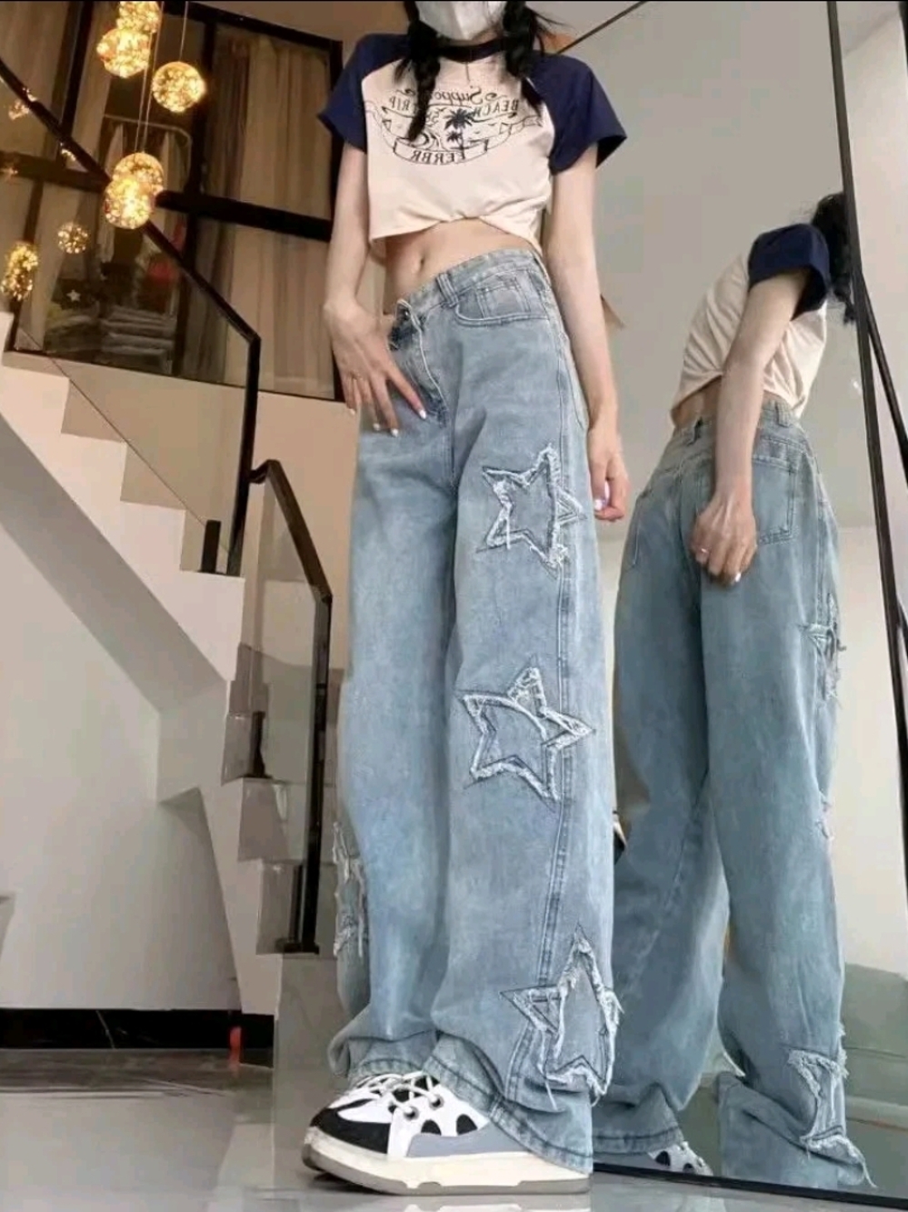 Five pointed star patch denim jeans fashionable 32inch Stretch Waist